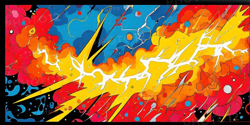 Abstract pop art comic illustration in vibrant colors with thunderbolt crackling across the canvas, AI generated