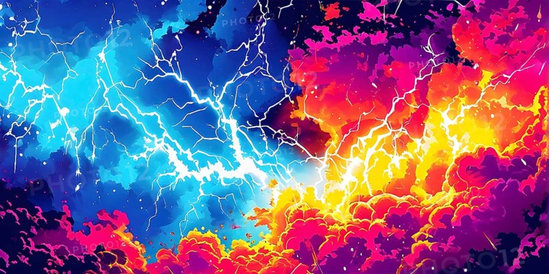 Abstract pop art comic illustration in vibrant colors with thunderbolt crackling across the canvas, AI generated