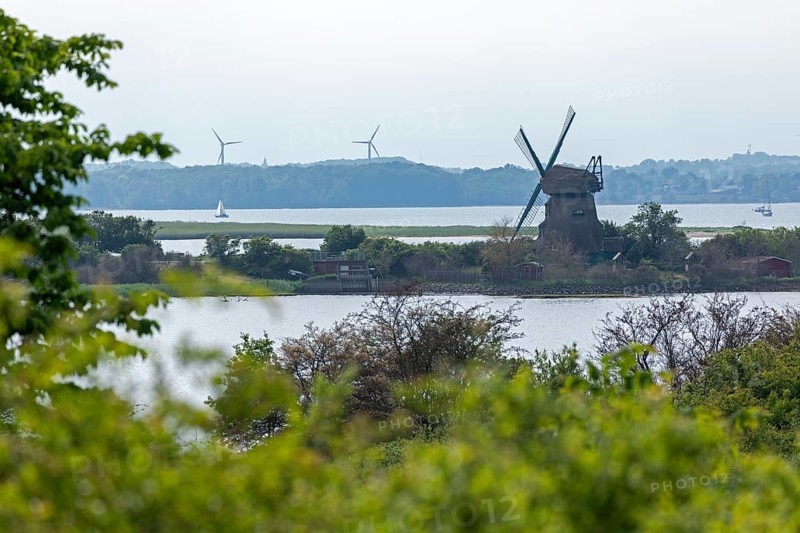 Charlotte windmill, sea, sailing boat, wind turbines, Baltic Sea, Geltinger Birk, Geltinger Bucht, Nieby, Schleswig-Holstein, Germany, Europe