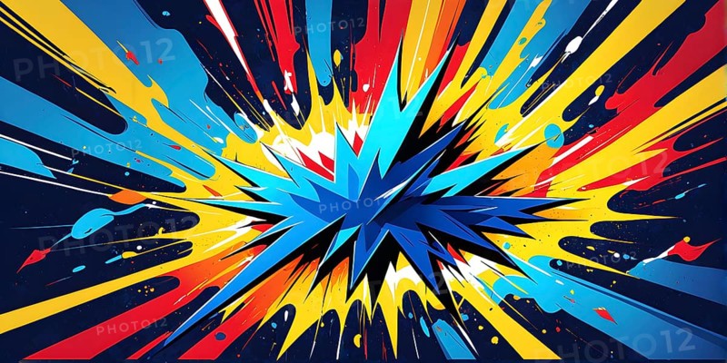 Abstract pop art comic illustration in vibrant colors with thunderbolt crackling across the canvas, AI generated