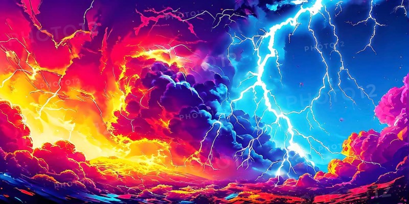 Abstract pop art comic illustration in vibrant colors with thunderbolt crackling across the canvas, AI generated