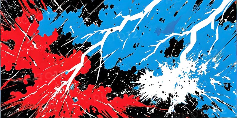 Abstract pop art comic illustration in vibrant colors with thunderbolt crackling across the canvas, AI generated