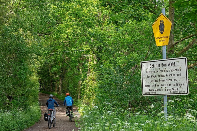 Forest path, cyclist, nature reserve, sign, Geltinger Birk, Geltinger Bucht, Nieby, Schleswig-Holstein, Germany, Europe