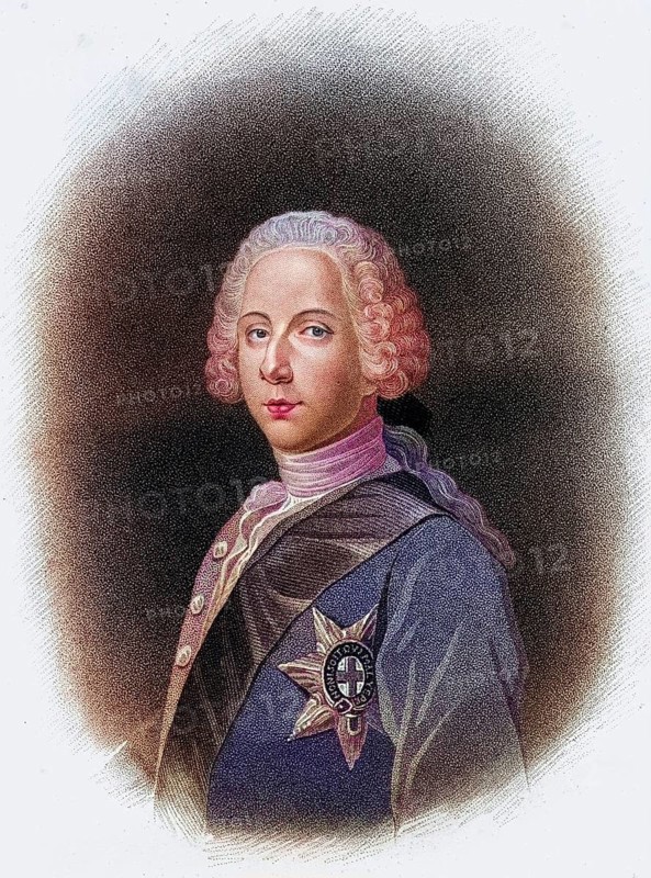 Charles Edward, the young pretender to the throne, Bonnie Prince Charlie 1720-1788, painted by M. Page after an original painting by Vandeist in the possession of Earl Beauchamp. From the book The History of Scotland, published in 1828, digitally restored reproduction from a 19th century original, record date not stated