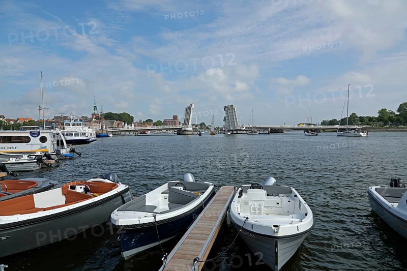 Open bascule bridge, boats, harbour, Kappeln, Schlei, Schleswig-Holstein, Germany, Europe