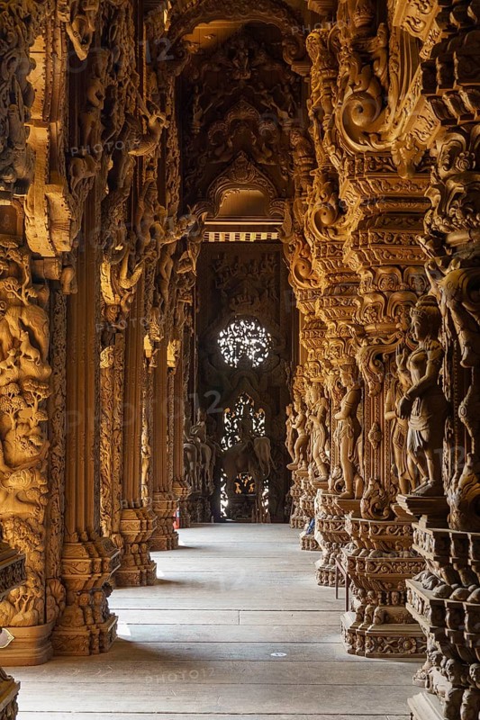 Interior view of a detailed carved wooden temple with ornate corridors, Pattaya, Thailand, Asia