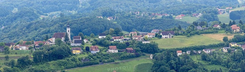 Church in a hilly landscape, Frauenberg pilgrimage church, panoramic view, view from the Kreuzkogel viewing platform, Kogelberg near Leibnitz, Styria, Austria, Europe