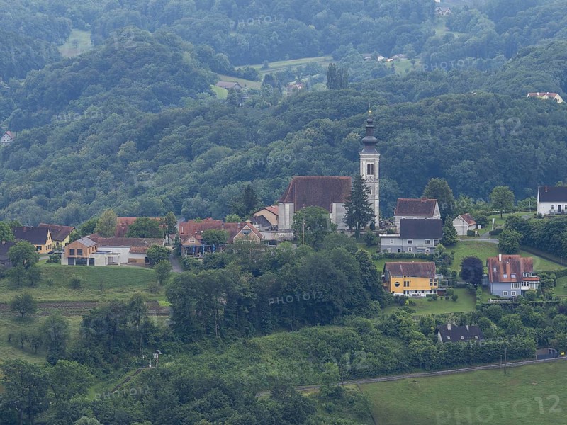 Church in a hilly landscape, Frauenberg pilgrimage church, view from the Kreuzkogel viewing platform, Kogelberg near Leibnitz, Styria, Austria, Europe