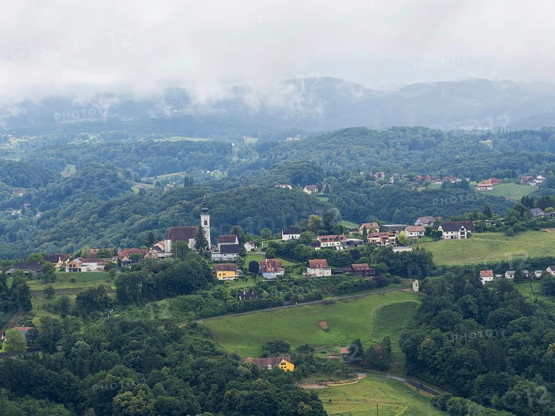 Church in a foggy hilly landscape, Frauenberg pilgrimage church, view from the Kreuzkogel viewing platform, Kogelberg near Leibnitz, Styria, Austria, Europe
