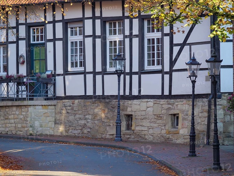 A historic half-timbered house with lanterns on a quiet street, surrounded by autumn trees and coloured leaves, nottuln, münsterland, germany