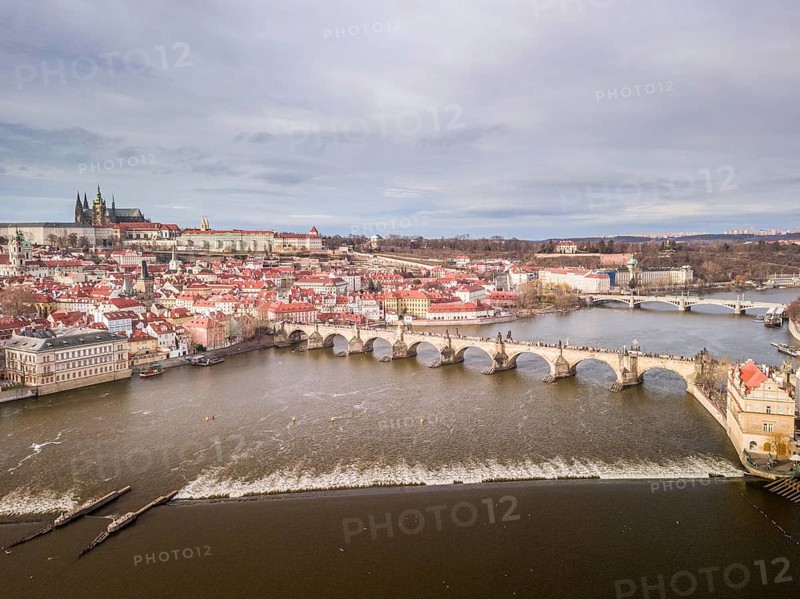 Vltava river, Mala Strana and bridges in Prague bird view panorama