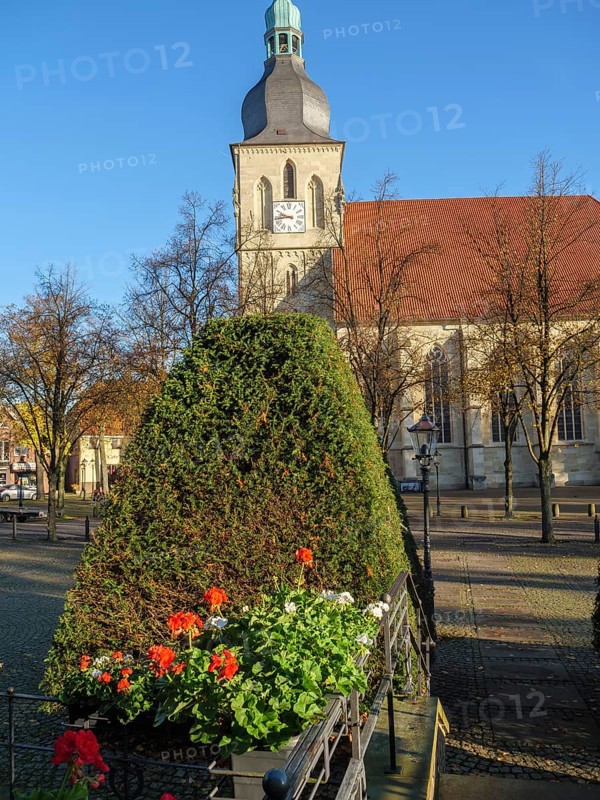 A historic church with a steeple in the background, surrounded by autumn trees and flowering plants in the foreground, nottuln, münsterland, germany