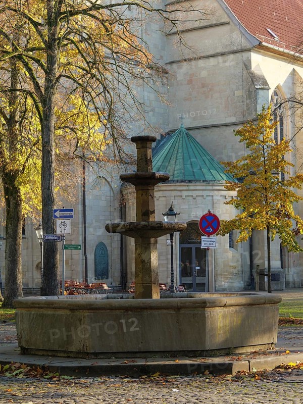 Old stone fountain in front of a church, surrounded by deciduous trees in autumn colours, quiet autumnal atmosphere, nottuln, münsterland, germany