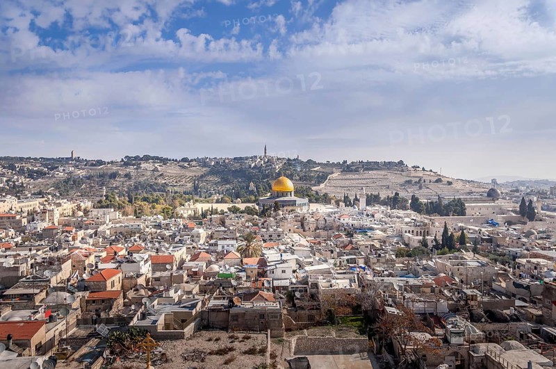The old town of Jerusalem, the Dome of the Rock and the Mount of Olives in the background