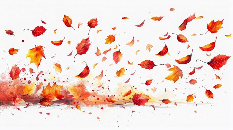Autumn leaves in shades of red and orange falling against a white background, creating a breezy watercolor effect, AI generated