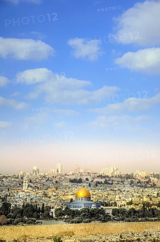 Panoramic view to Jerusalem Old city and the Temple Mount, Dome of the Rock from the Mount of Olives
