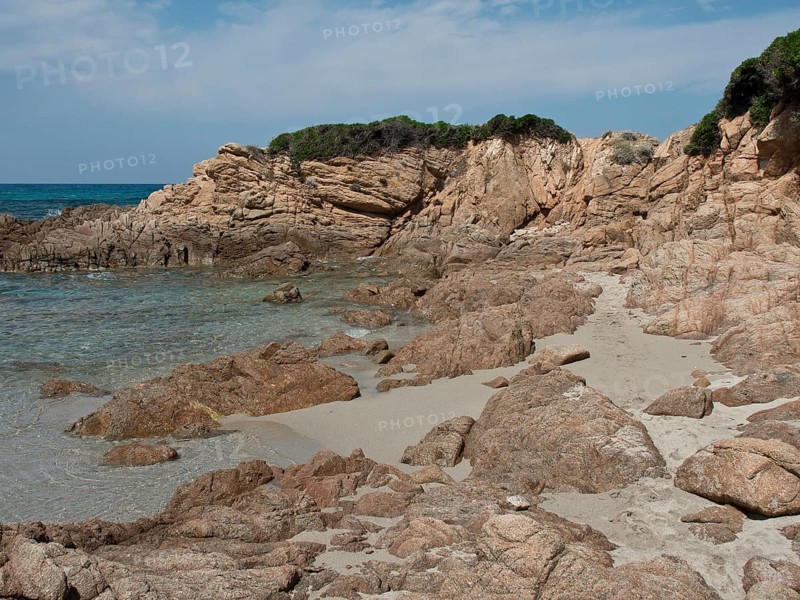 Rocky coastline with a strip of sand and dense vegetation bordering the sea, ajaccio, corsica, france