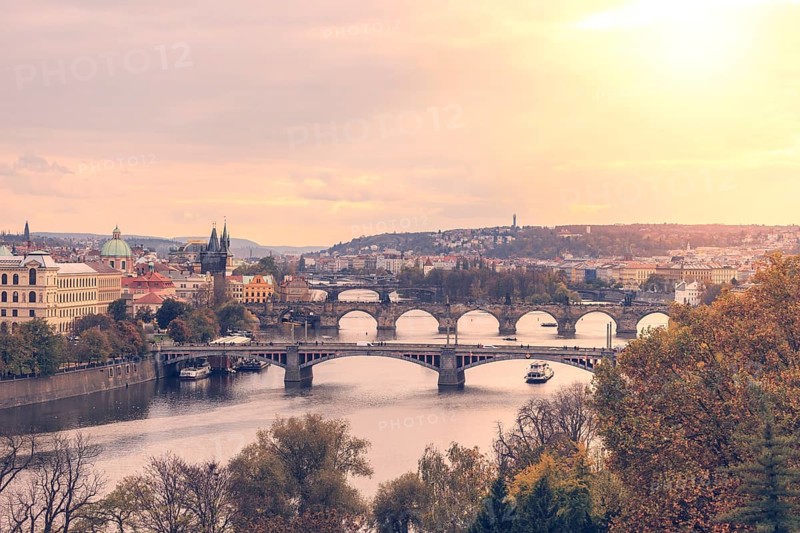 Aerial view from the Bridge tower on Charles Bridge and Prague Castle, Czech Republic, Europe