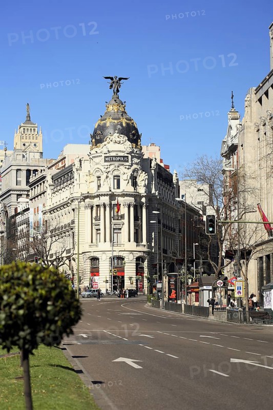 The city center of Madrid, Spain. View of the Gran Via and one of the most emblematic buildings in Madrid, Spain, Europe