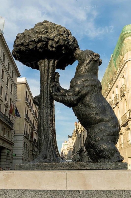 The statue of the Madrid Bear and the Strawberry Tree is the symbol of the city of Madrid Spain. Puerta del Sol town Square