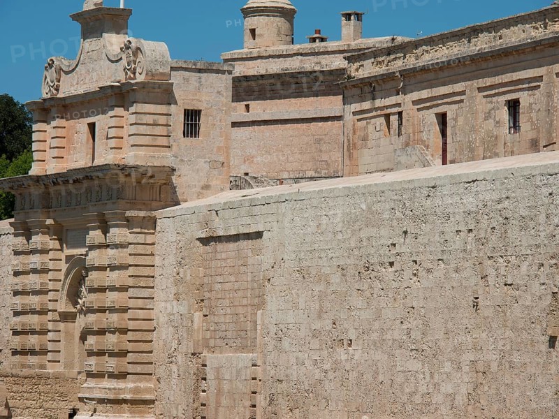 Section of a historic fortress with detailed stone architecture, mdina, mediterranean sea, Malta, Europe