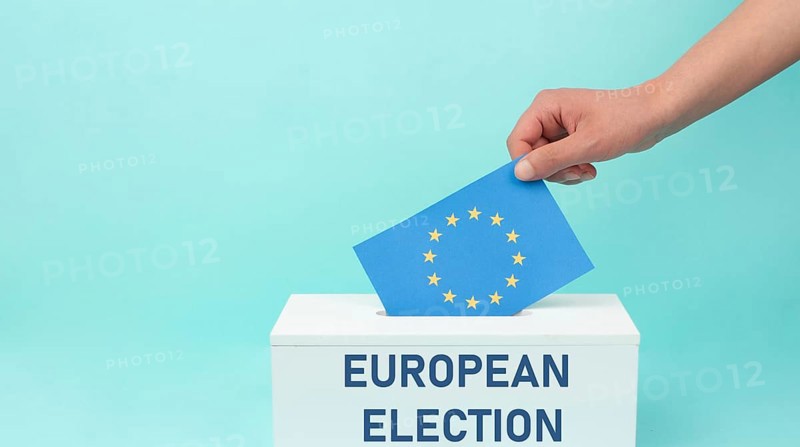 EU election, ballot box, european union flag, blue and yellow stars, citizens of Europe voting Parliament