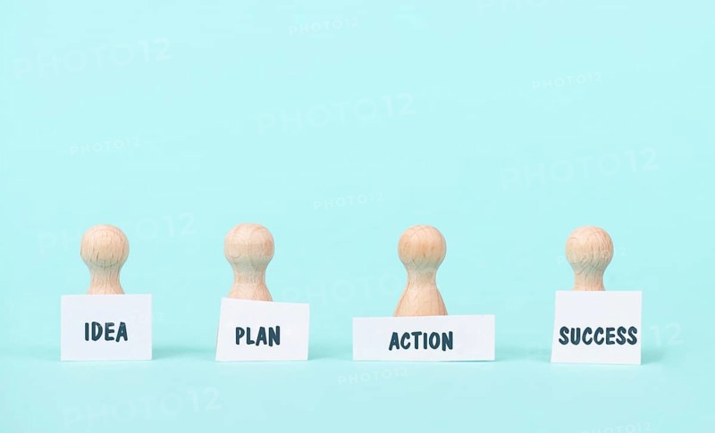 Idea, plan, action and success, next step in progress, new goal and strategy, vision a target, business concept