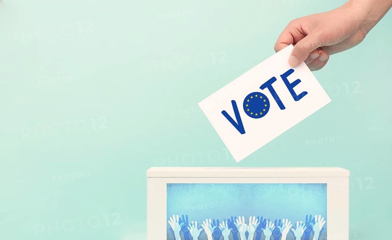 EU election, ballot box, european union flag, blue and yellow stars, citizens of Europe voting Parliament