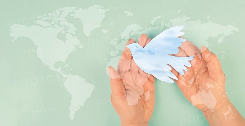 Dove flying from hand, international peace day, faith, freedom, charity and help concept, humanitarian aid, world map