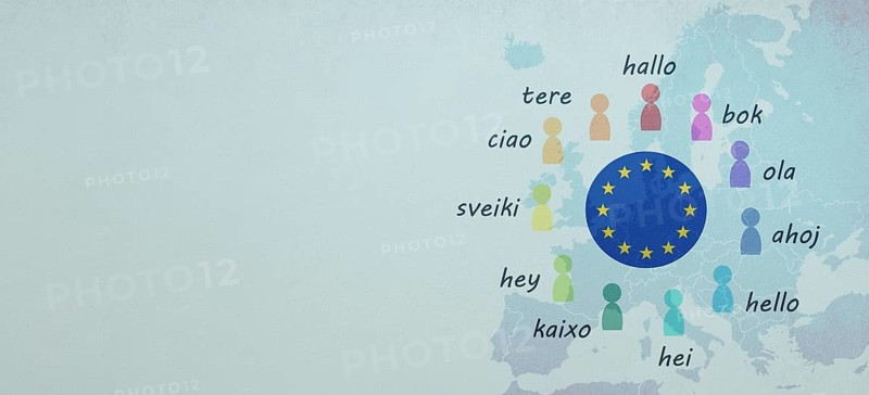 Languages and world map, word hello in different language spoken in Europe, concept of multilingual business and community, multilingualism in the EU