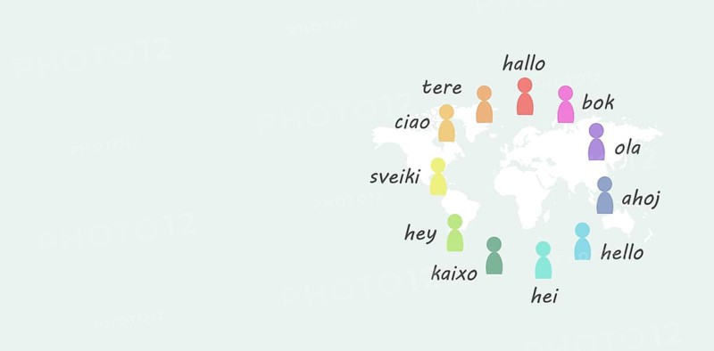 Languages and world map, word hello in different language spoken in Europe, concept of multilingual business and community, multilingualism in the EU