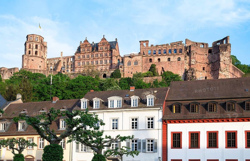 Heidelberg, mediaevial castle, red sandstone ruins tower looms majestically over the Neckar river and valley