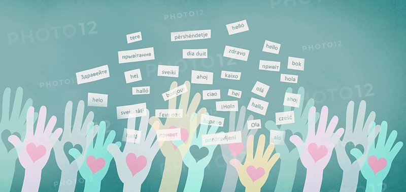 European languages, word hello in different language spoken in Europe, concept of multilingual business and community, multilingualism in the EU