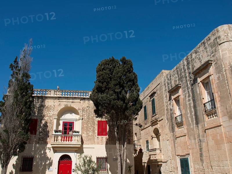 View of a square with historic buildings and red shutters, accompanied by trees under a cloudless sky, mdina, mediterranean sea, Malta, Europe