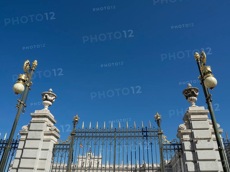 Black, wrought-iron fence with golden decorations encloses a historic building under a clear sky, Madrid, Spain, Europe