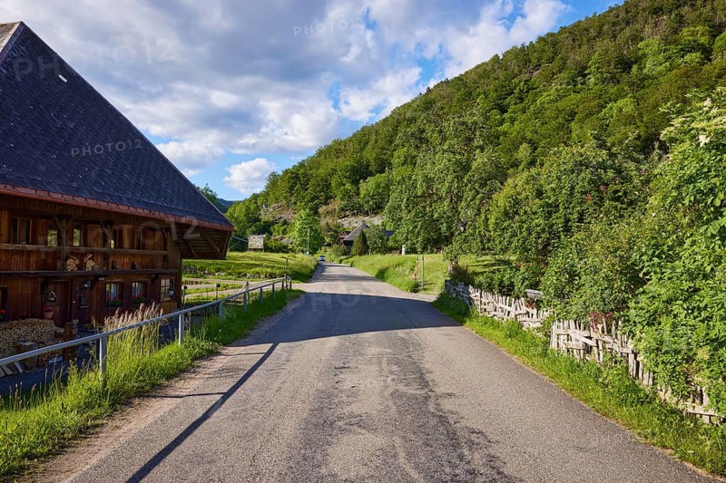 Access road with Black Forest house and old wooden fence to the historic district of Geschwend, Todtnau, Black Forest, Lorrach district, Baden-Württemberg, Germany, Europe
