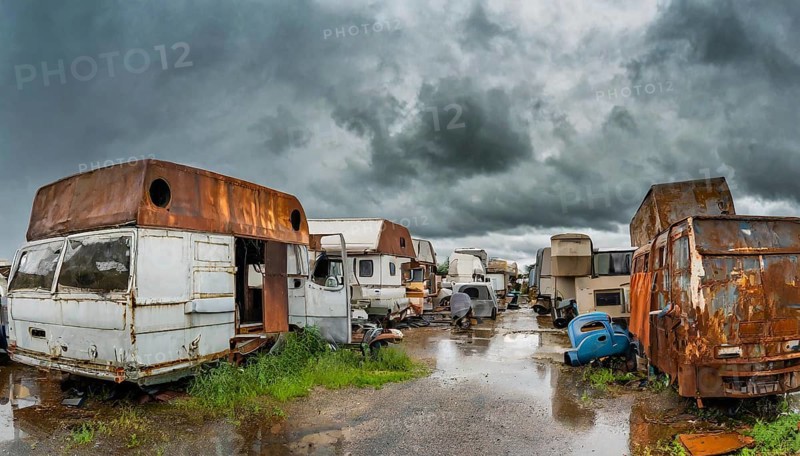Abandoned vehicles and caravans under a cloudy sky, rust and rain, desolate ambience, symbol photo, AI generated, AI generated