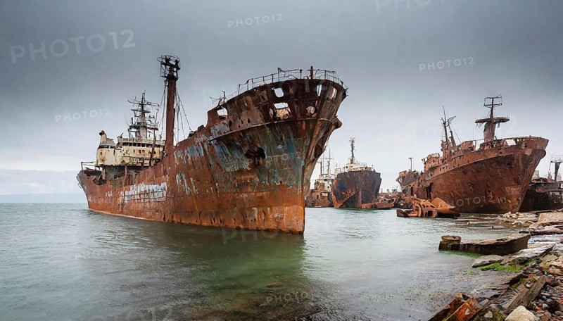 Abandoned, rusty shipwrecks in the water under a cloudy sky, a gloomy and desolate scene, symbol photo ship graveyard, AI generated, AI generated