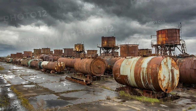 Rusted tanks and pipes in a scrapyard under dark rain clouds, symbol photo, AI generated, AI generated