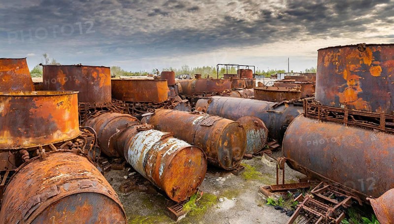 Rusted tanks and metal parts in a scrap yard under a cloudy sky, symbol photo, AI generated, AI generated