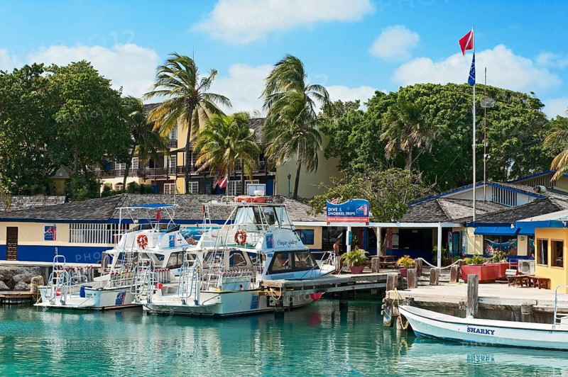 View of moored boats Dive boats moored in front of dive centre, Caribbean, Leeward Islands, Netherlands Antilles, ABC Islands ABC Islands, Willemstad, Curaçao Curacao, Willemstad, Curaçao Curacao