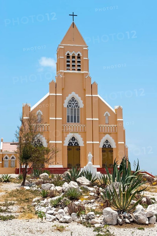 Frontal view church portal of Sint Willibrordus San Willibrordo church built at the end of the 19th century between 1884 and 1888 in Neo-Gothic architecture, Willibrordus, Caribbean, Windward Islands, Netherlands Antilles, ABC Islands ABC Islands, Willibrordus, Curaçao Curacao