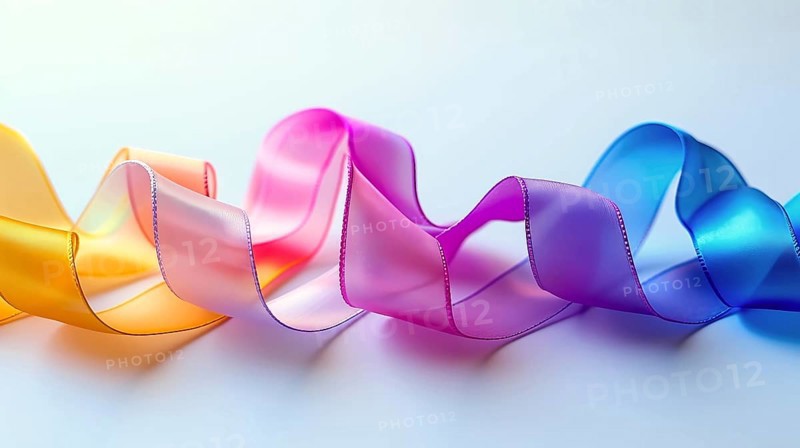 Colorful ribbons in blue, pink, purple, and yellow shades on a white background with smooth texture, AI generated