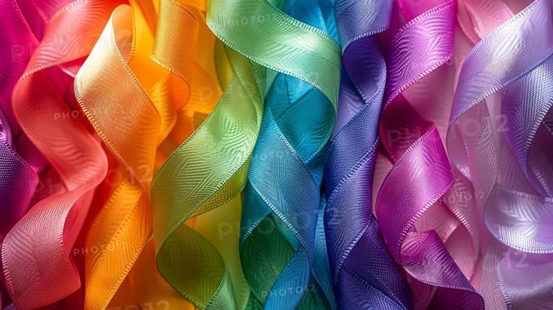 Variety of colorful ribbons including blue, green, yellow, pink, and purple, arranged closely with texture details, AI generated