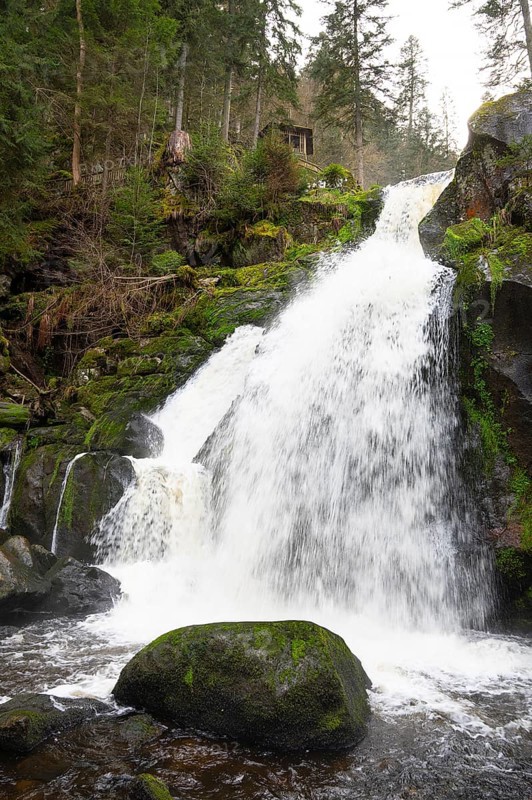 Triberg waterfall in the Black Forest, highest fall in Germany, Gutach river plunges over seven major steps into the valley, wooden bridge