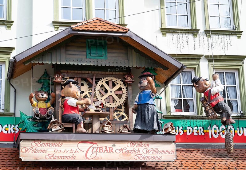 Cuckoo clock with bears at a shop in the Black Forest, Triberg in Germany, traditional craft, vintage wood carving, 30.03.2024