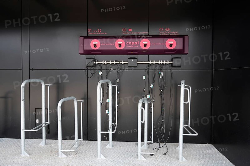 Electric bicycle recharging battery station, eco power and environment, green sustainable energy, Wasserbillig in Luxembourg, 17.03.2024