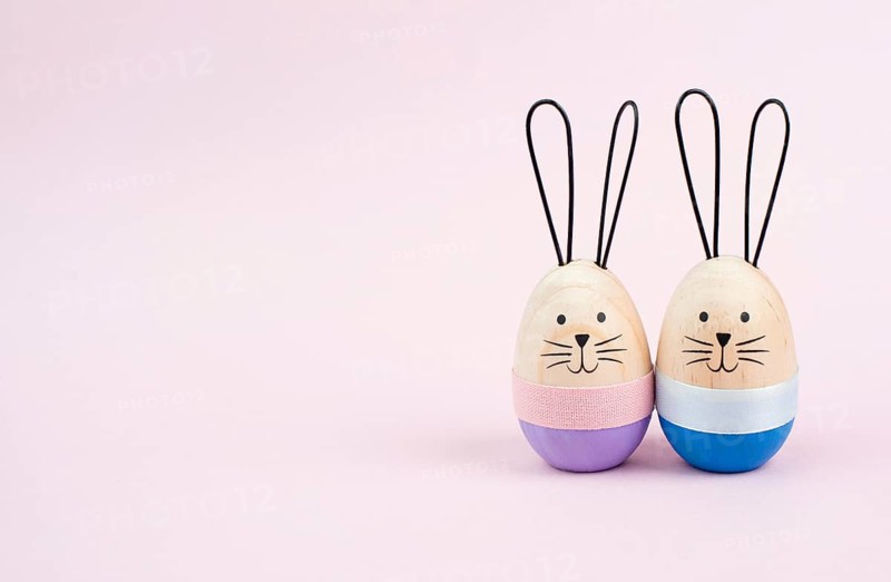 Easter bunny or rabbit couple cuddle together, wooden egg, spring holiday greeting card