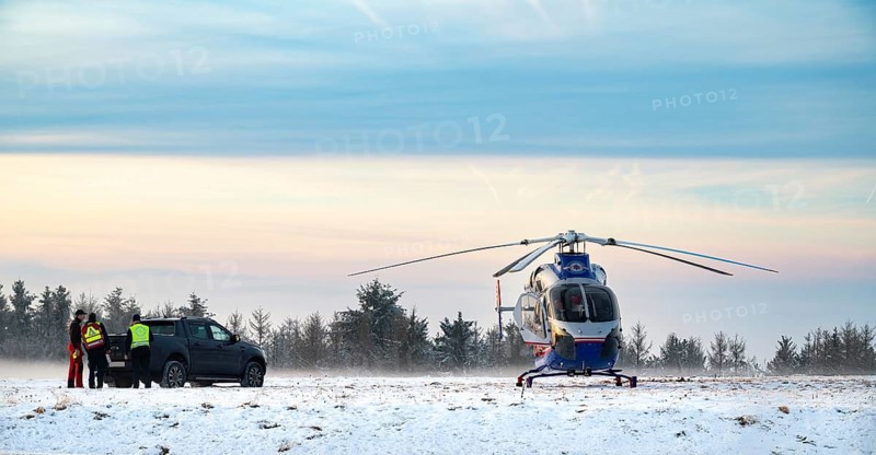 Air rescue helicopter from Luxembourg, emergency transport in Trier, misson in snow, winter rhineland-palatinate, Germany, 20.01.2024, Europe