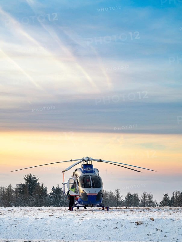 Air rescue helicopter from Luxembourg, emergency transport in Trier, misson in snow, winter rhineland-palatinate, Germany, 20.01.2024, Europe